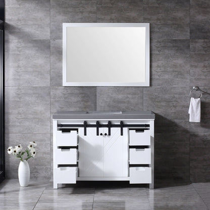 Marsyas 48" White Single Vanity, Grey Quartz Top, White Square Sink and 44" Mirror - LM342248SAASM44