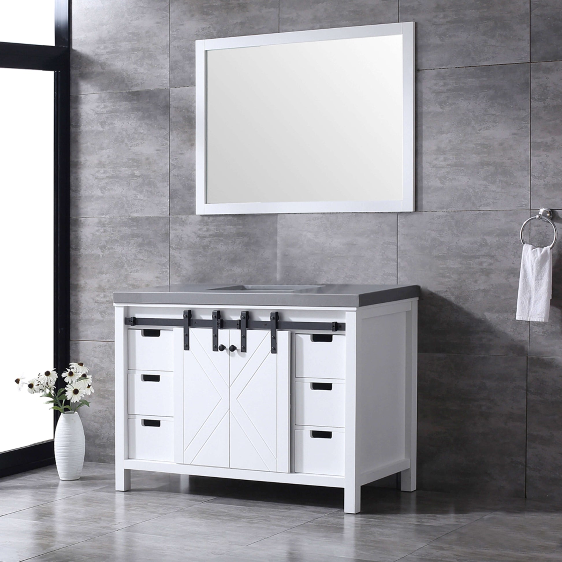 Marsyas 48" White Single Vanity, Grey Quartz Top, White Square Sink and 44" Mirror - LM342248SAASM44