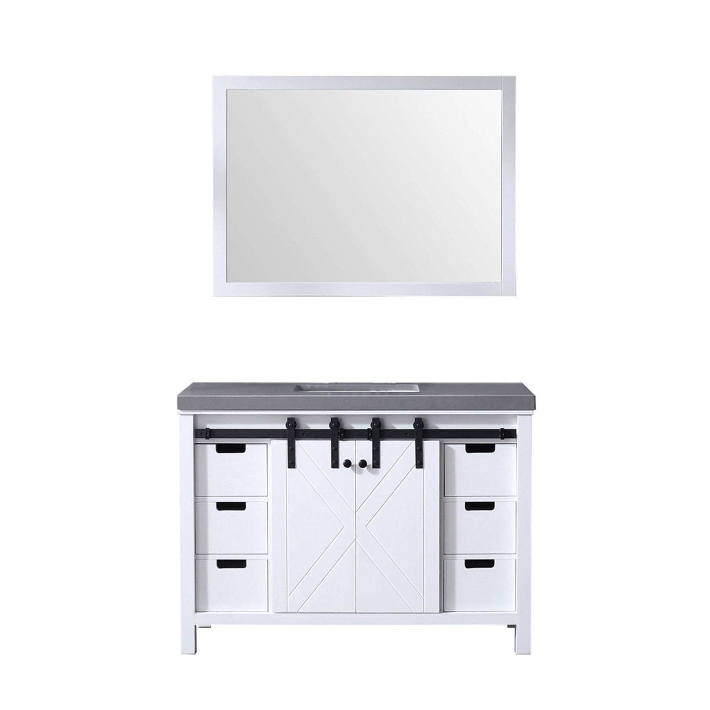 Marsyas 48" White Single Vanity, Grey Quartz Top, White Square Sink and 44" Mirror - LM342248SAASM44