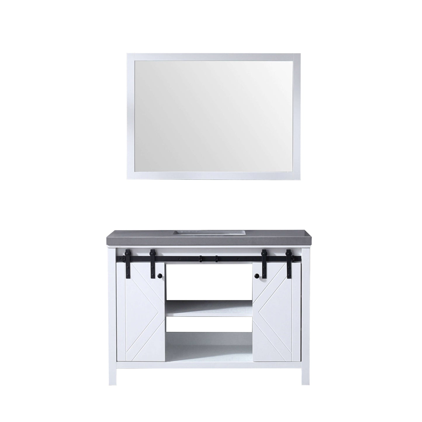 Marsyas 48" White Single Vanity, Grey Quartz Top, White Square Sink and 44" Mirror - LM342248SAASM44