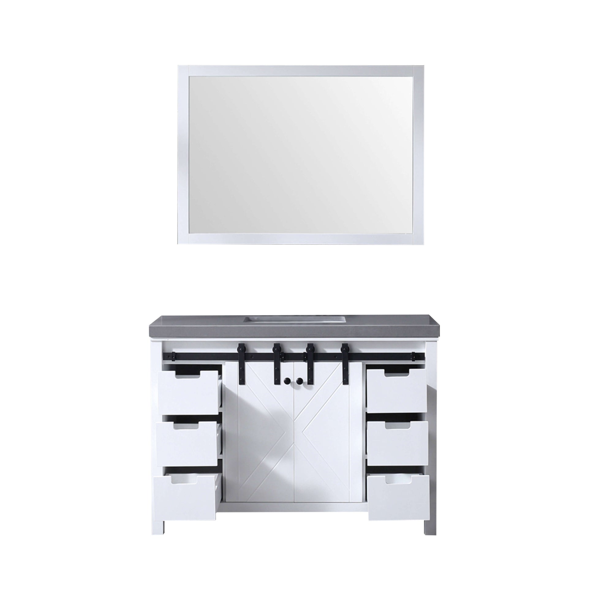 Marsyas 48" White Single Vanity, Grey Quartz Top, White Square Sink and 44" Mirror - LM342248SAASM44