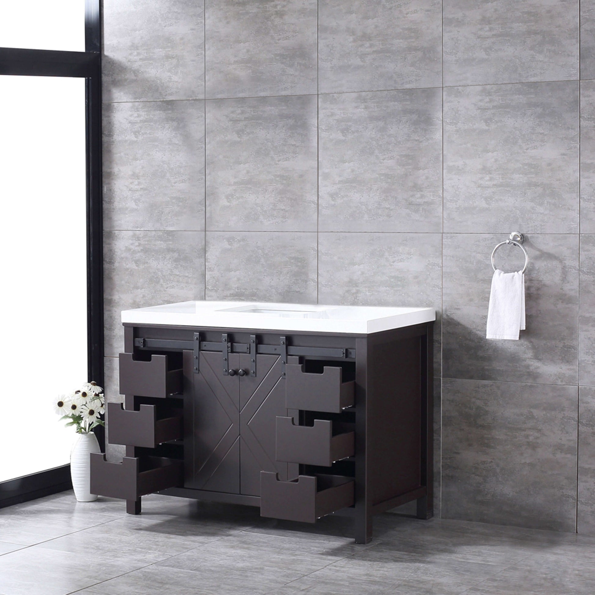 Marsyas 48" Brown Single Vanity, White Quartz Top, White Square Sink and no Mirror - LM342248SCCS000