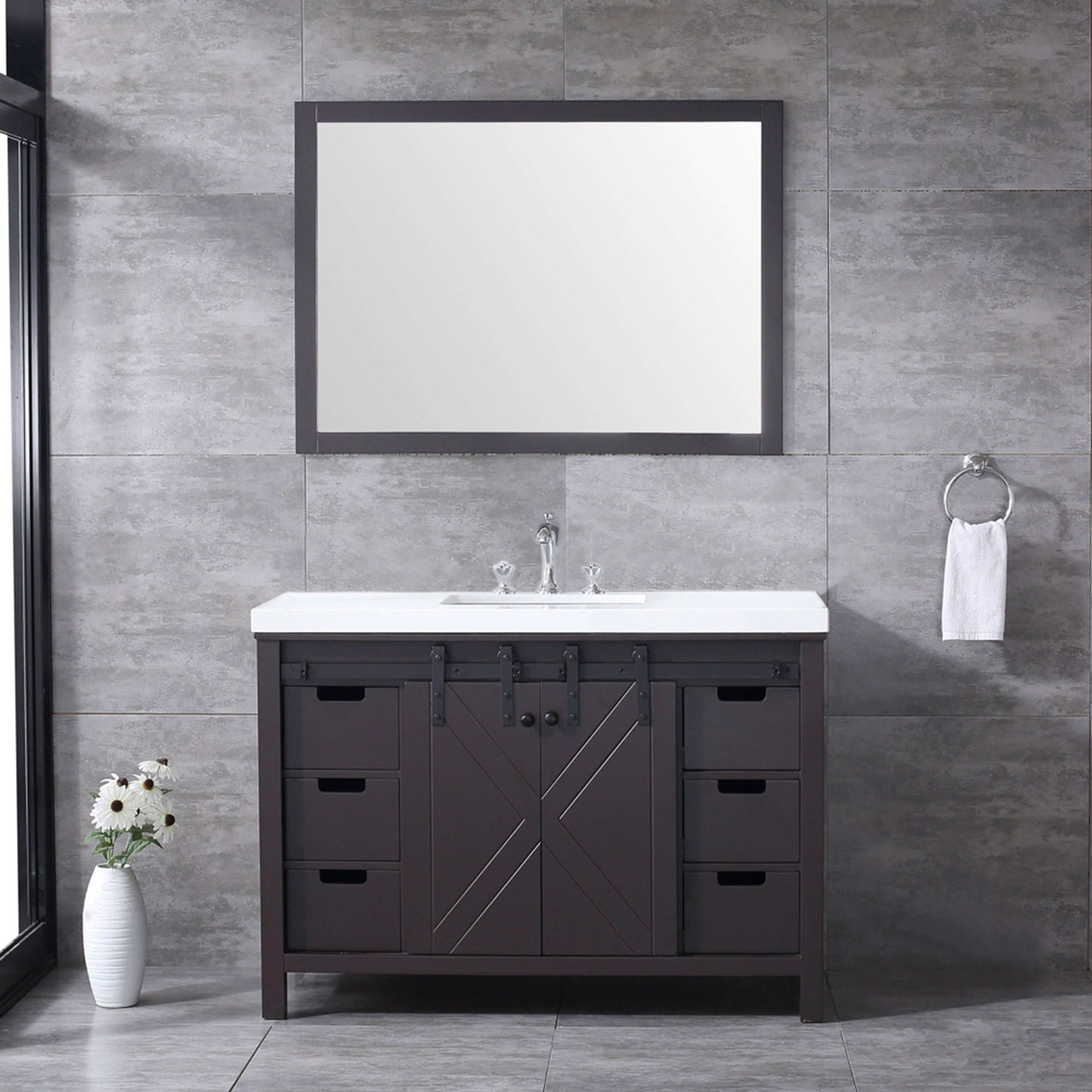 Marsyas 48" Brown Single Vanity, White Quartz Top, White Square Sink and 44" Mirror - LM342248SCCSM44