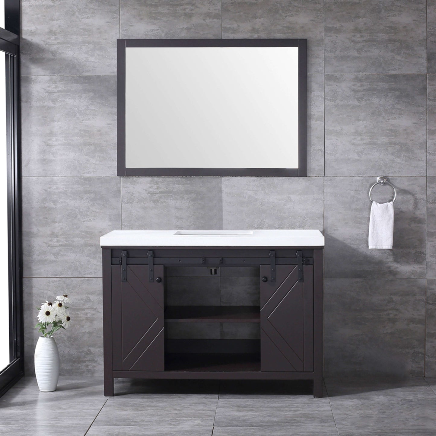 Marsyas 48" Brown Single Vanity, White Quartz Top, White Square Sink and 44" Mirror - LM342248SCCSM44