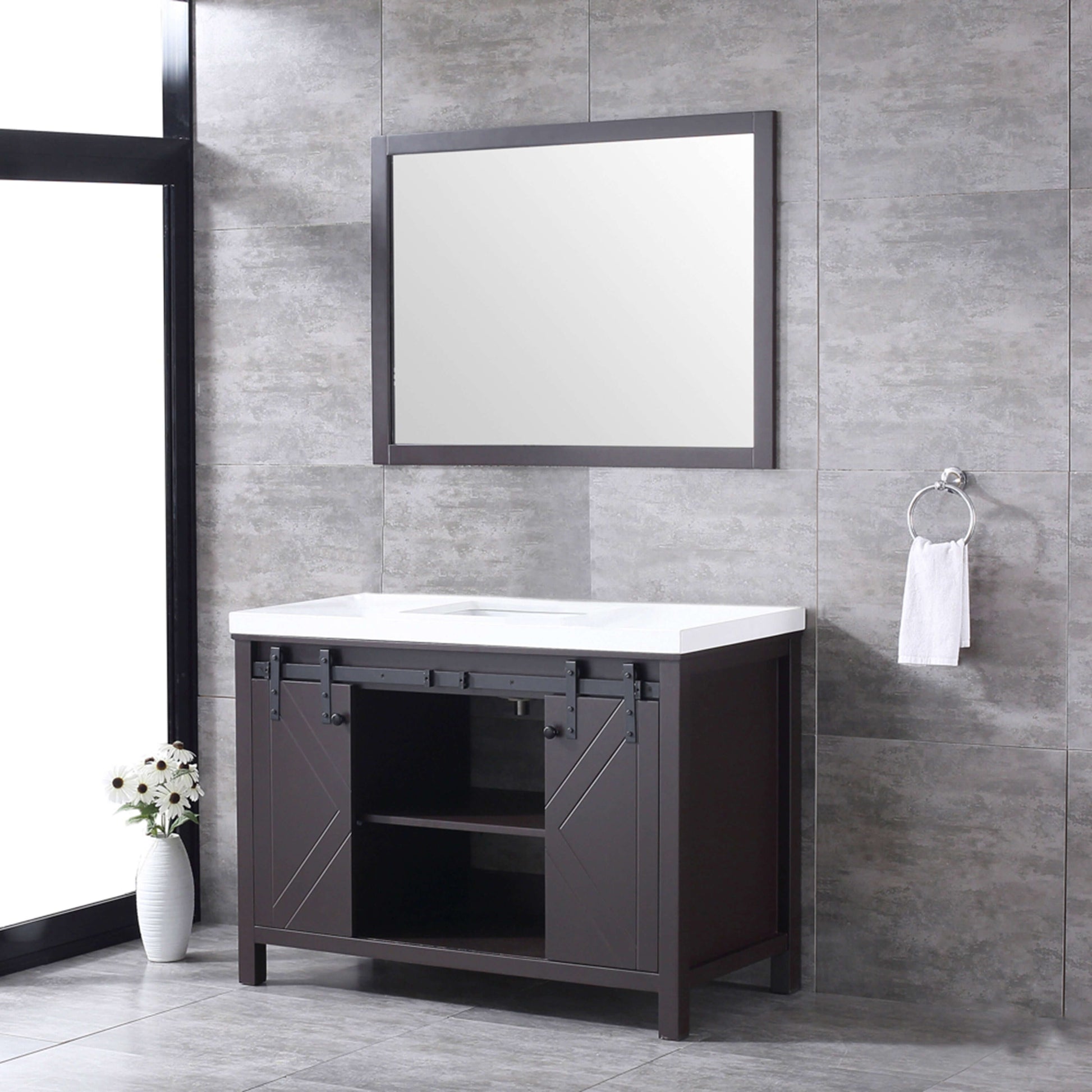 Marsyas 48" Brown Single Vanity, White Quartz Top, White Square Sink and 44" Mirror - LM342248SCCSM44