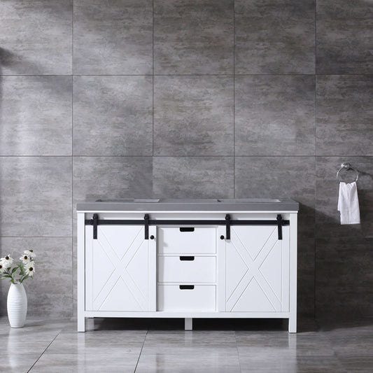 Marsyas 60" White Double Vanity, Grey Quartz Top, White Square Sinks and no Mirror - LM342260DAAS000