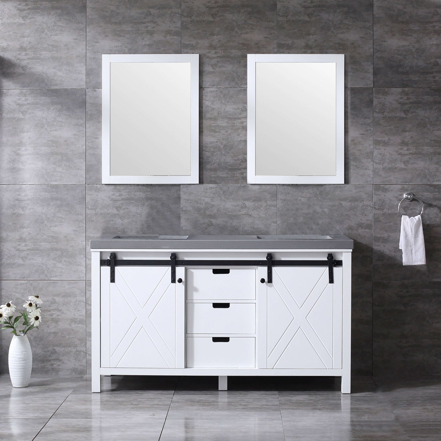 Marsyas 60" White Double Vanity, Grey Quartz Top, White Square Sinks and 24" Mirrors - LM342260DAASM24