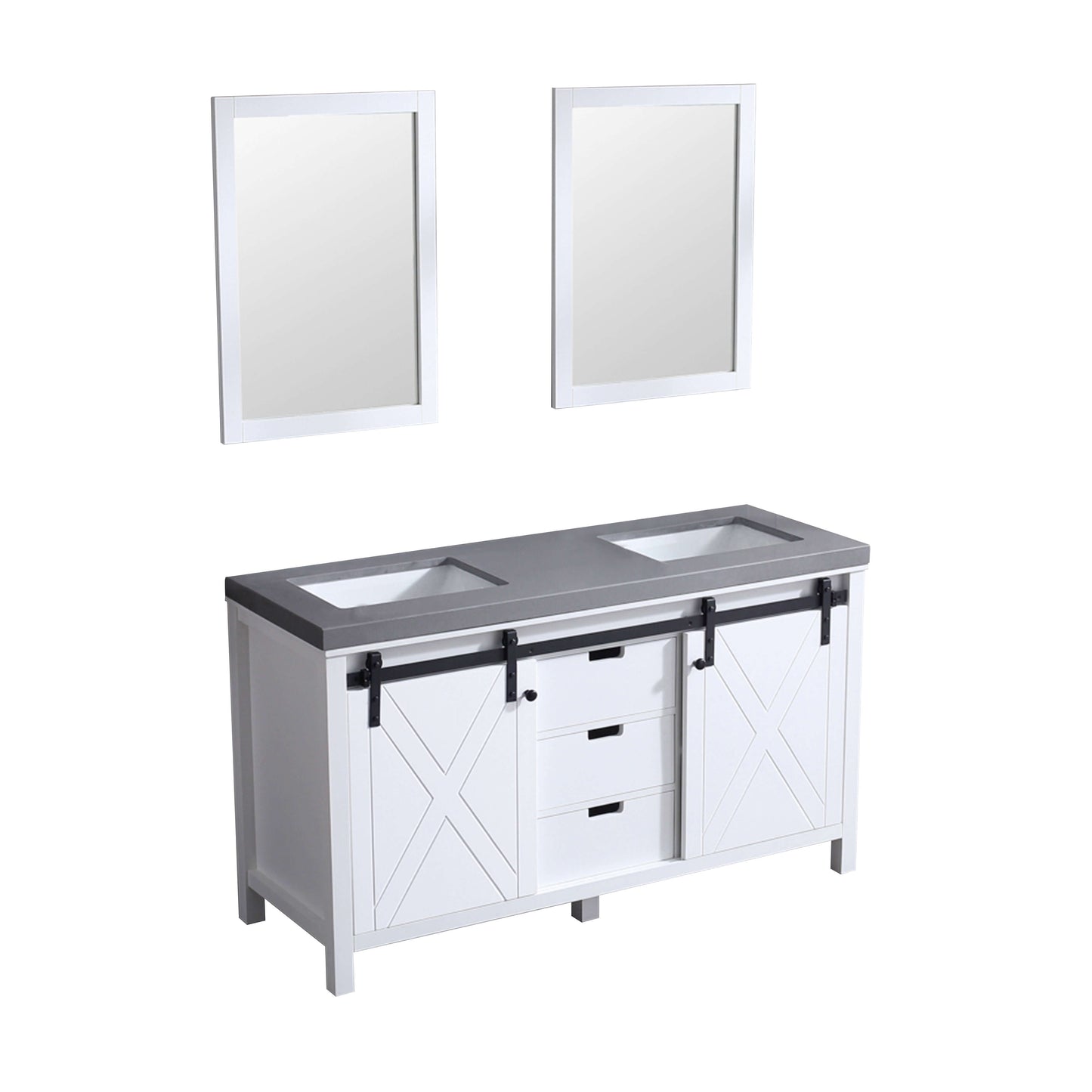 Marsyas 60" White Double Vanity, Grey Quartz Top, White Square Sinks and 24" Mirrors - LM342260DAASM24