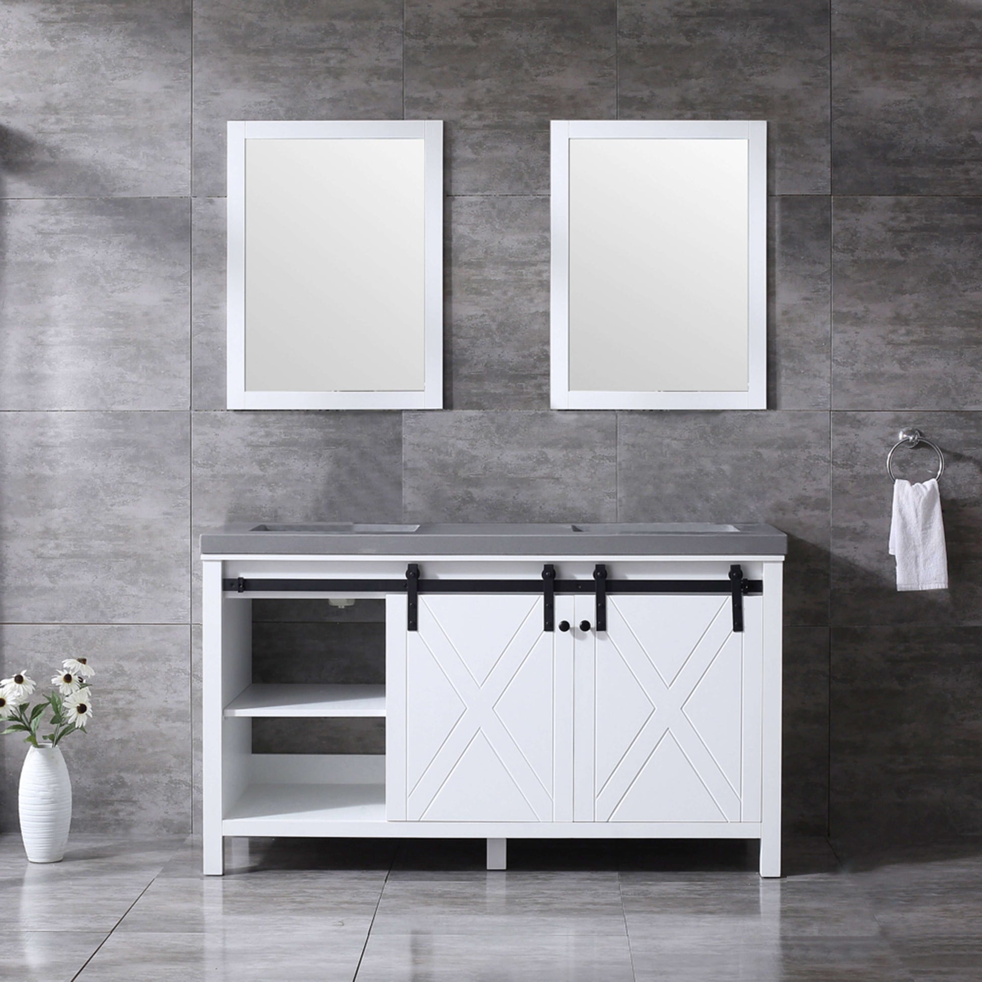 Marsyas 60" White Double Vanity, Grey Quartz Top, White Square Sinks and 24" Mirrors - LM342260DAASM24