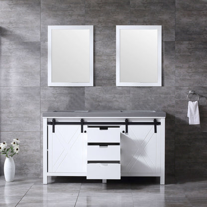 Marsyas 60" White Double Vanity, Grey Quartz Top, White Square Sinks and 24" Mirrors - LM342260DAASM24