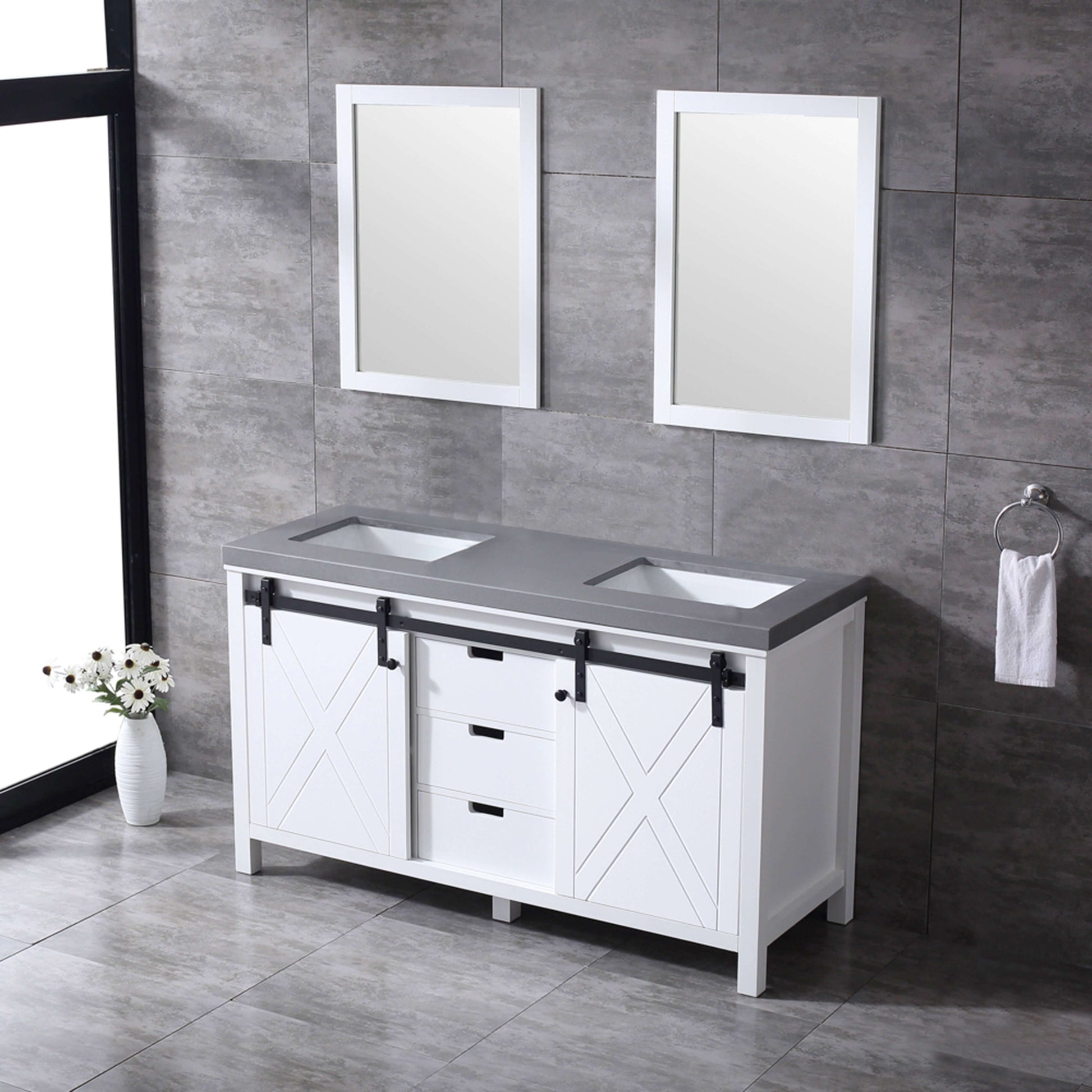 Marsyas 60" White Double Vanity, Grey Quartz Top, White Square Sinks and 24" Mirrors - LM342260DAASM24