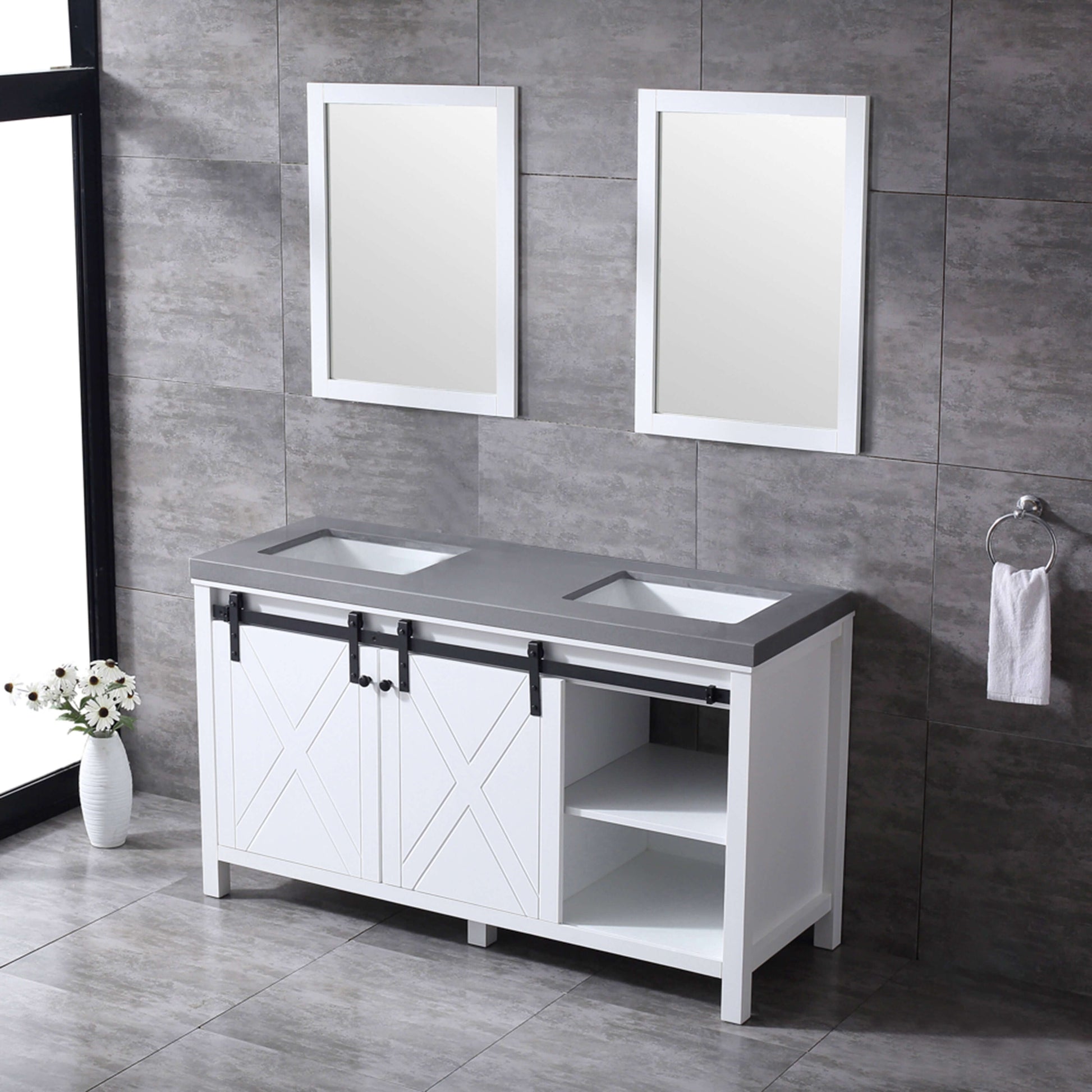 Marsyas 60" White Double Vanity, Grey Quartz Top, White Square Sinks and 24" Mirrors - LM342260DAASM24