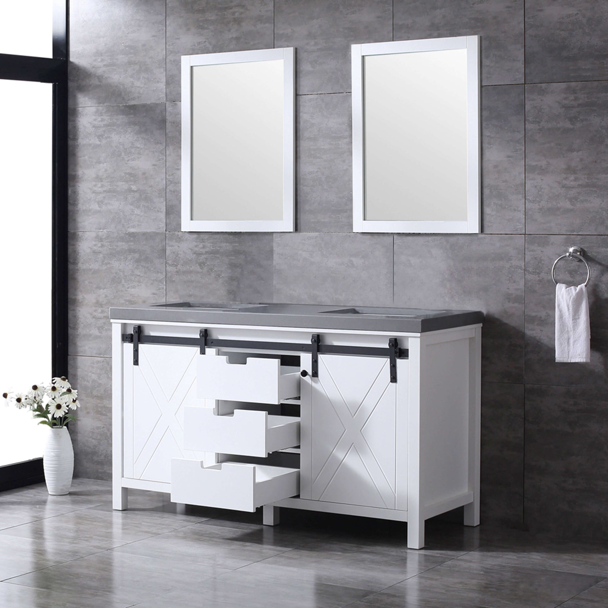 Marsyas 60" White Double Vanity, Grey Quartz Top, White Square Sinks and 24" Mirrors - LM342260DAASM24