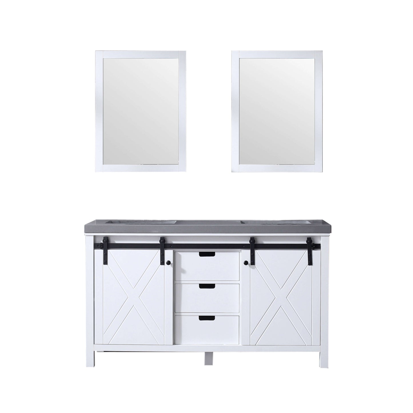 Marsyas 60" White Double Vanity, Grey Quartz Top, White Square Sinks and 24" Mirrors - LM342260DAASM24