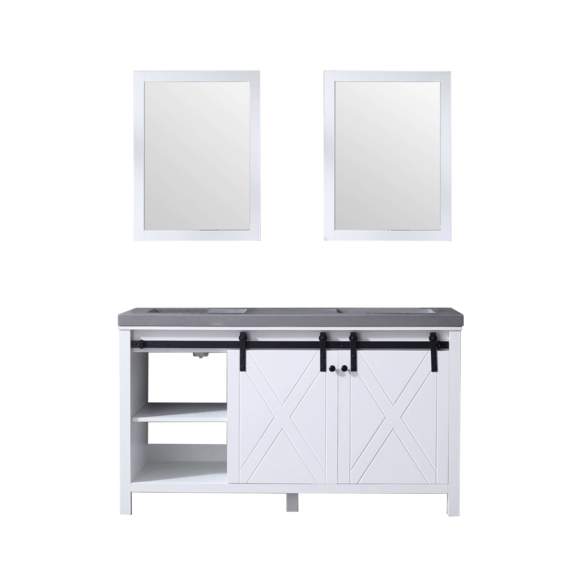 Marsyas 60" White Double Vanity, Grey Quartz Top, White Square Sinks and 24" Mirrors - LM342260DAASM24