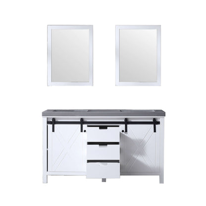 Marsyas 60" White Double Vanity, Grey Quartz Top, White Square Sinks and 24" Mirrors - LM342260DAASM24