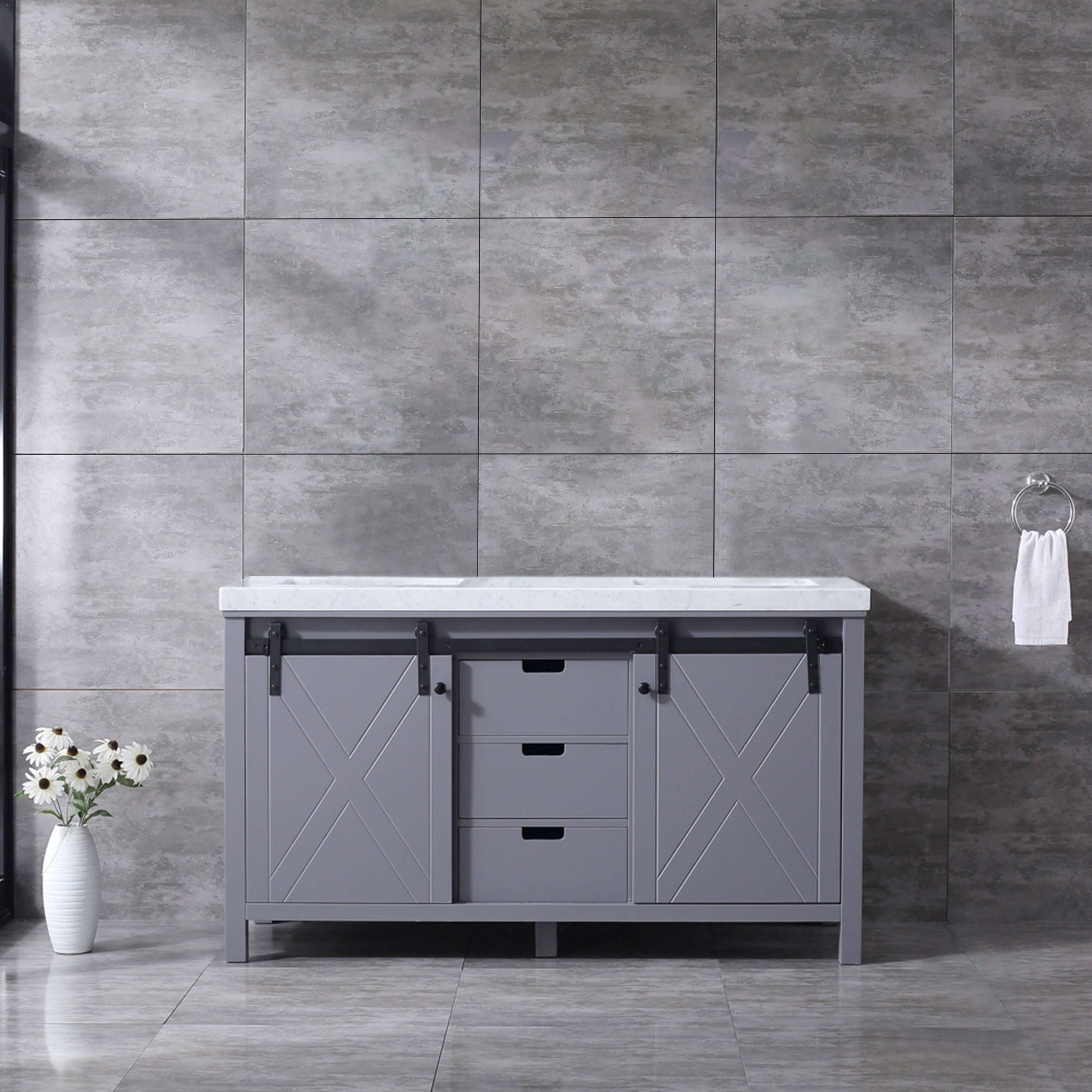 Marsyas 60" Dark Grey Double Vanity, White Carrara Marble Top, White Square Sinks and no Mirror - LM342260DBBS000