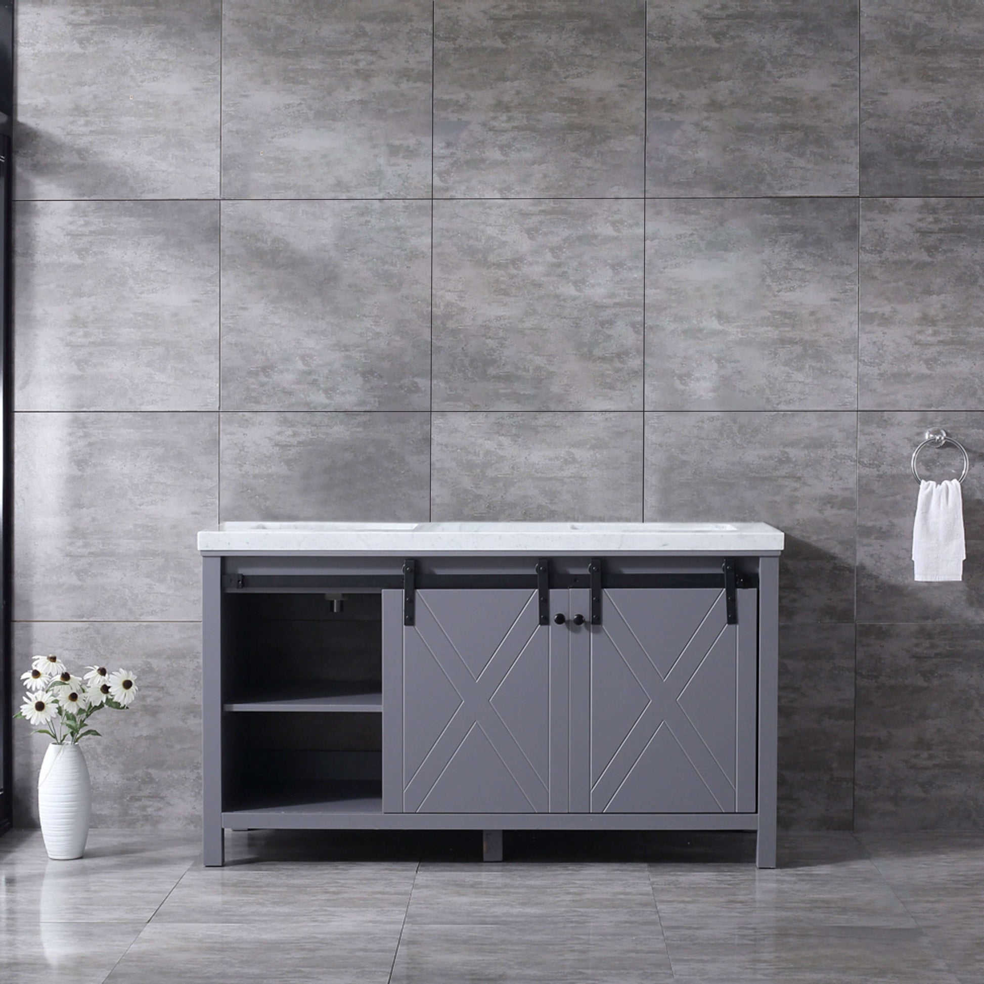 Marsyas 60" Dark Grey Double Vanity, White Carrara Marble Top, White Square Sinks and no Mirror - LM342260DBBS000