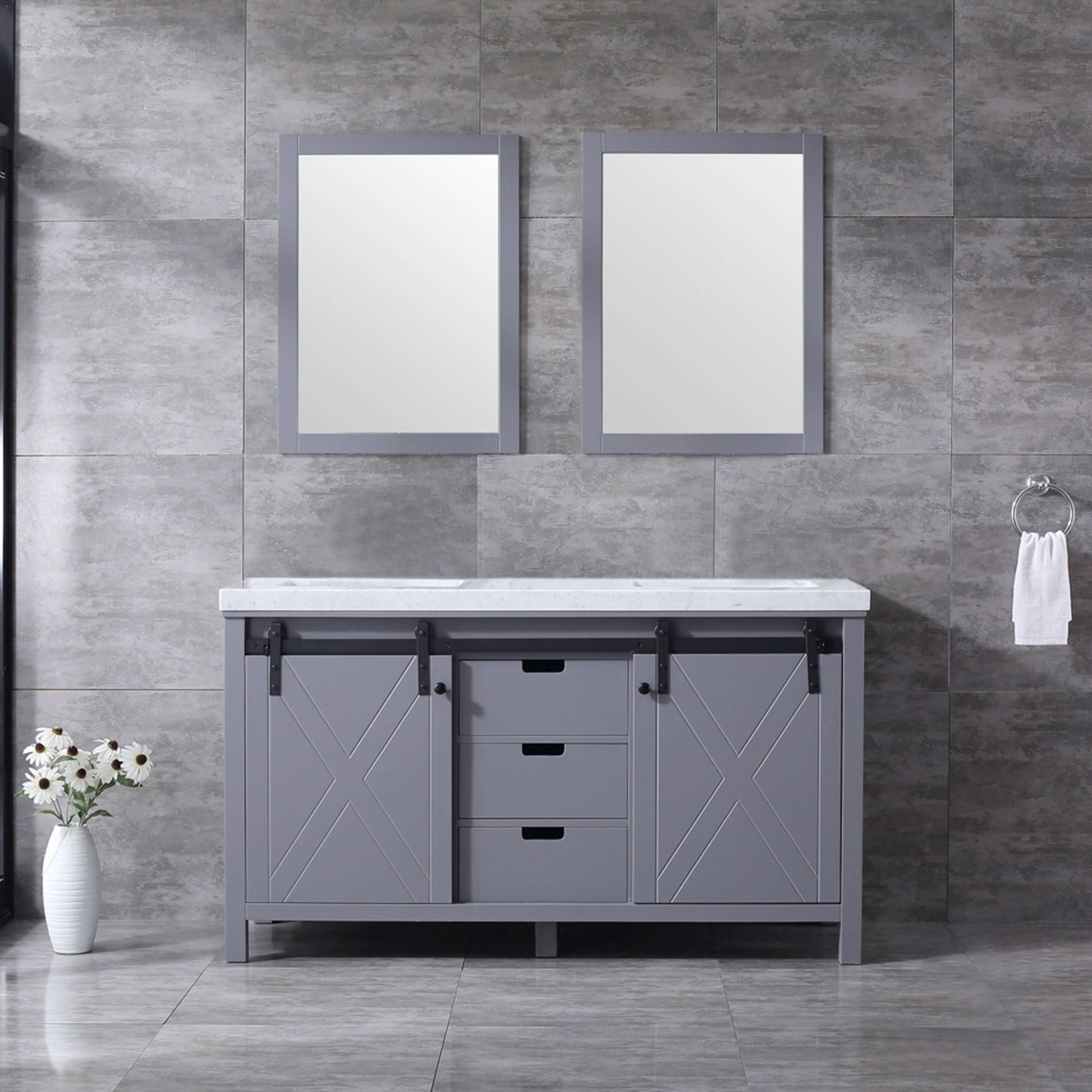 Marsyas 60" Dark Grey Double Vanity, White Carrara Marble Top, White Square Sinks and 24" Mirrors - LM342260DBBSM24