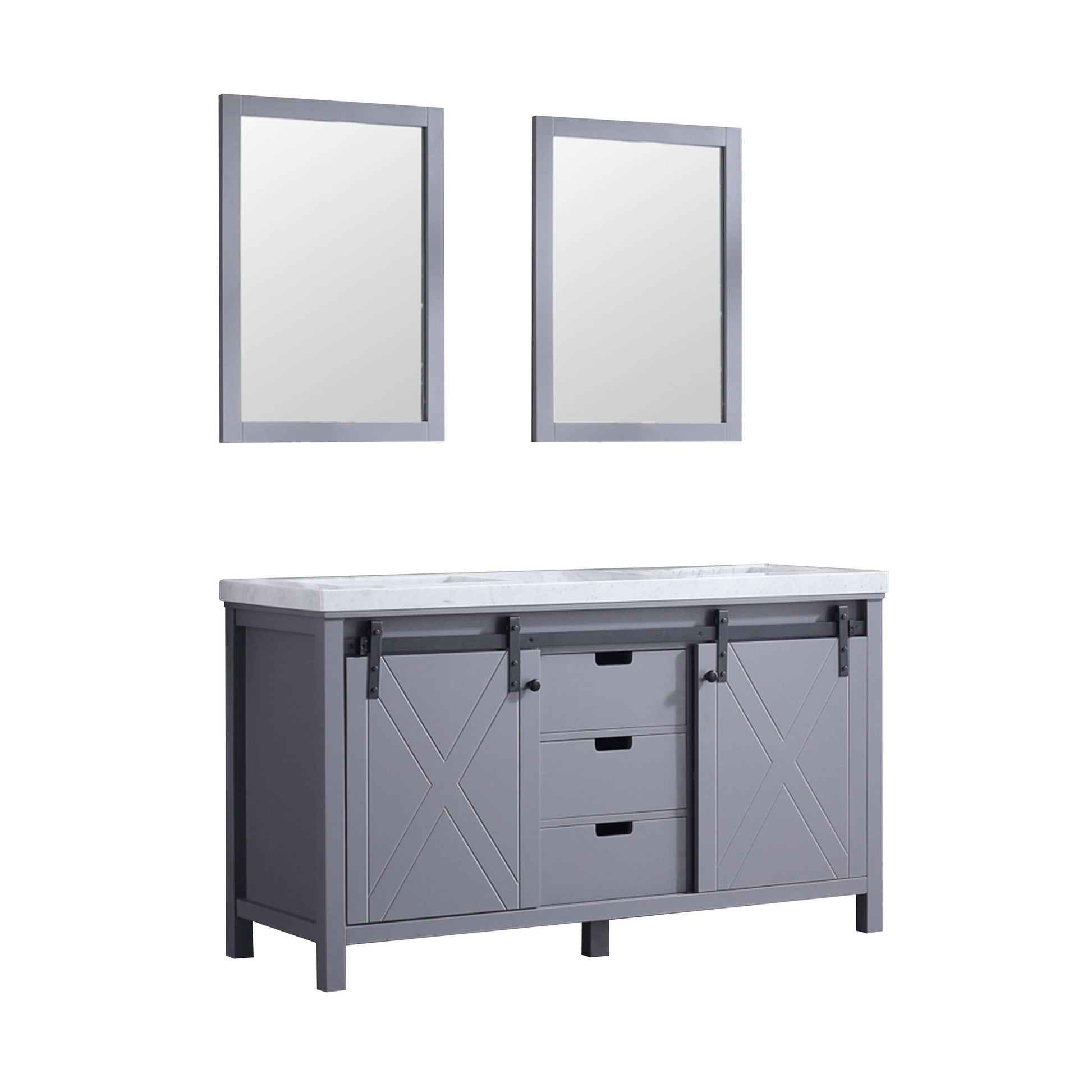 Marsyas 60" Dark Grey Double Vanity, White Carrara Marble Top, White Square Sinks and 24" Mirrors - LM342260DBBSM24