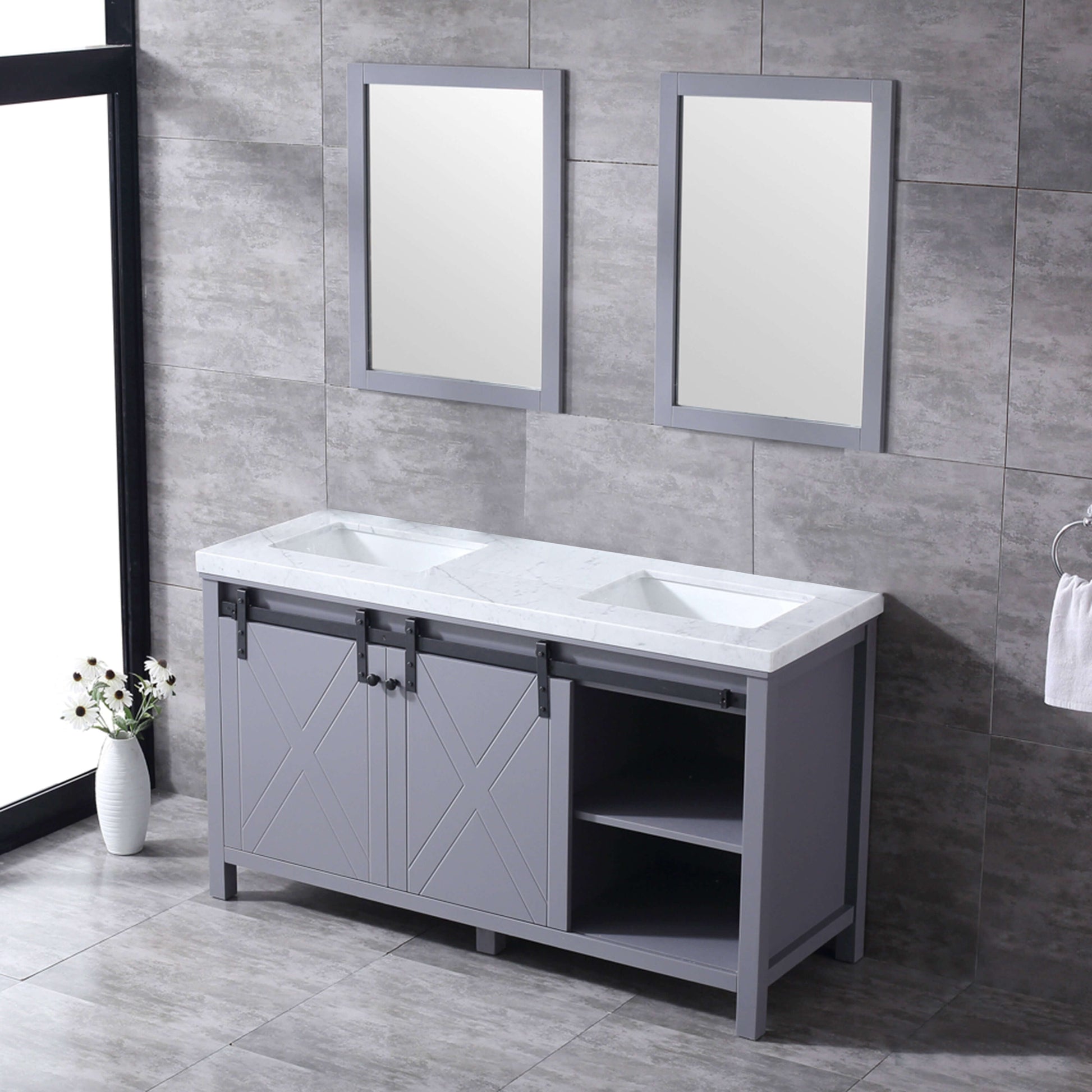 Marsyas 60" Dark Grey Double Vanity, White Carrara Marble Top, White Square Sinks and 24" Mirrors - LM342260DBBSM24