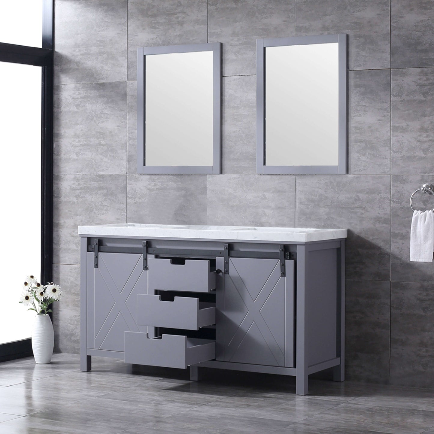 Marsyas 60" Dark Grey Double Vanity, White Carrara Marble Top, White Square Sinks and 24" Mirrors - LM342260DBBSM24