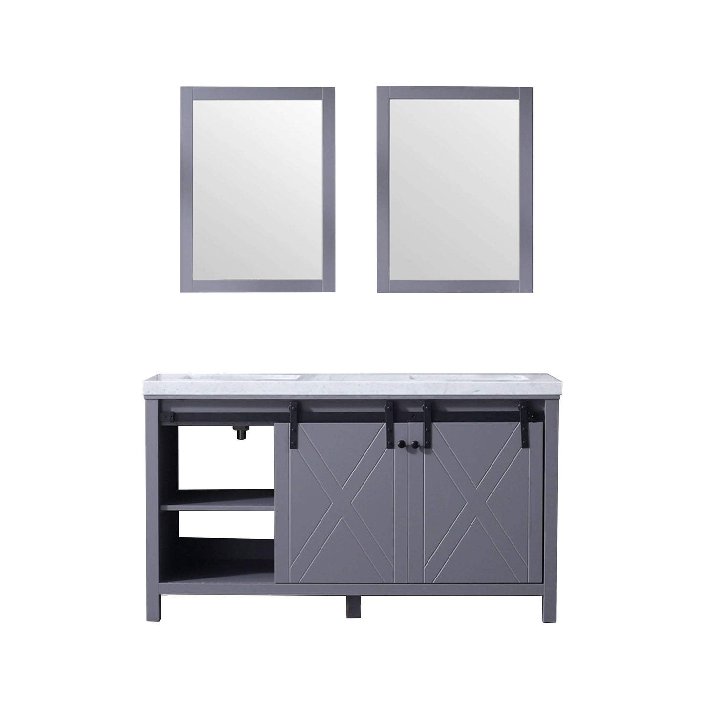 Marsyas 60" Dark Grey Double Vanity, White Carrara Marble Top, White Square Sinks and 24" Mirrors - LM342260DBBSM24