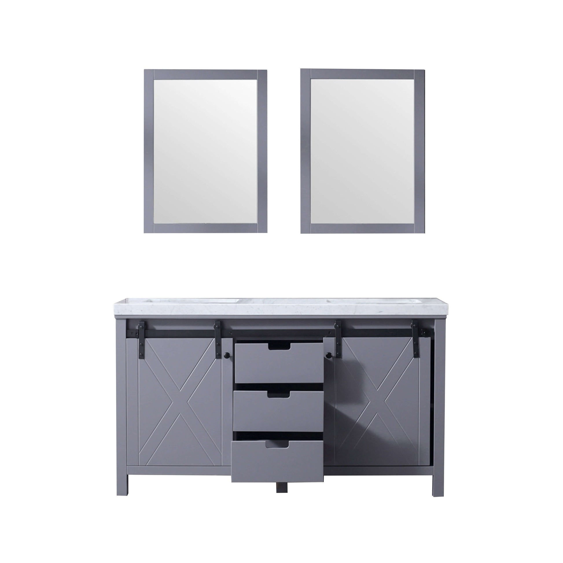 Marsyas 60" Dark Grey Double Vanity, White Carrara Marble Top, White Square Sinks and 24" Mirrors - LM342260DBBSM24