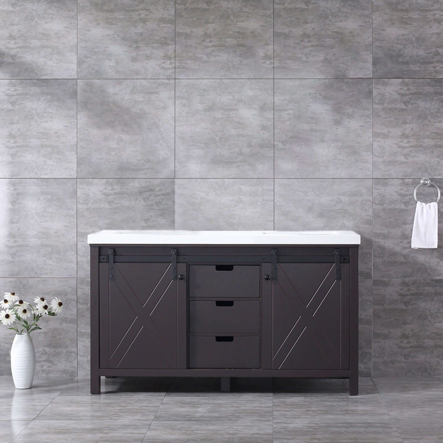 Marsyas 60" Brown Double Vanity, White Quartz Top, White Square Sinks and no Mirror - LM342260DCCS000