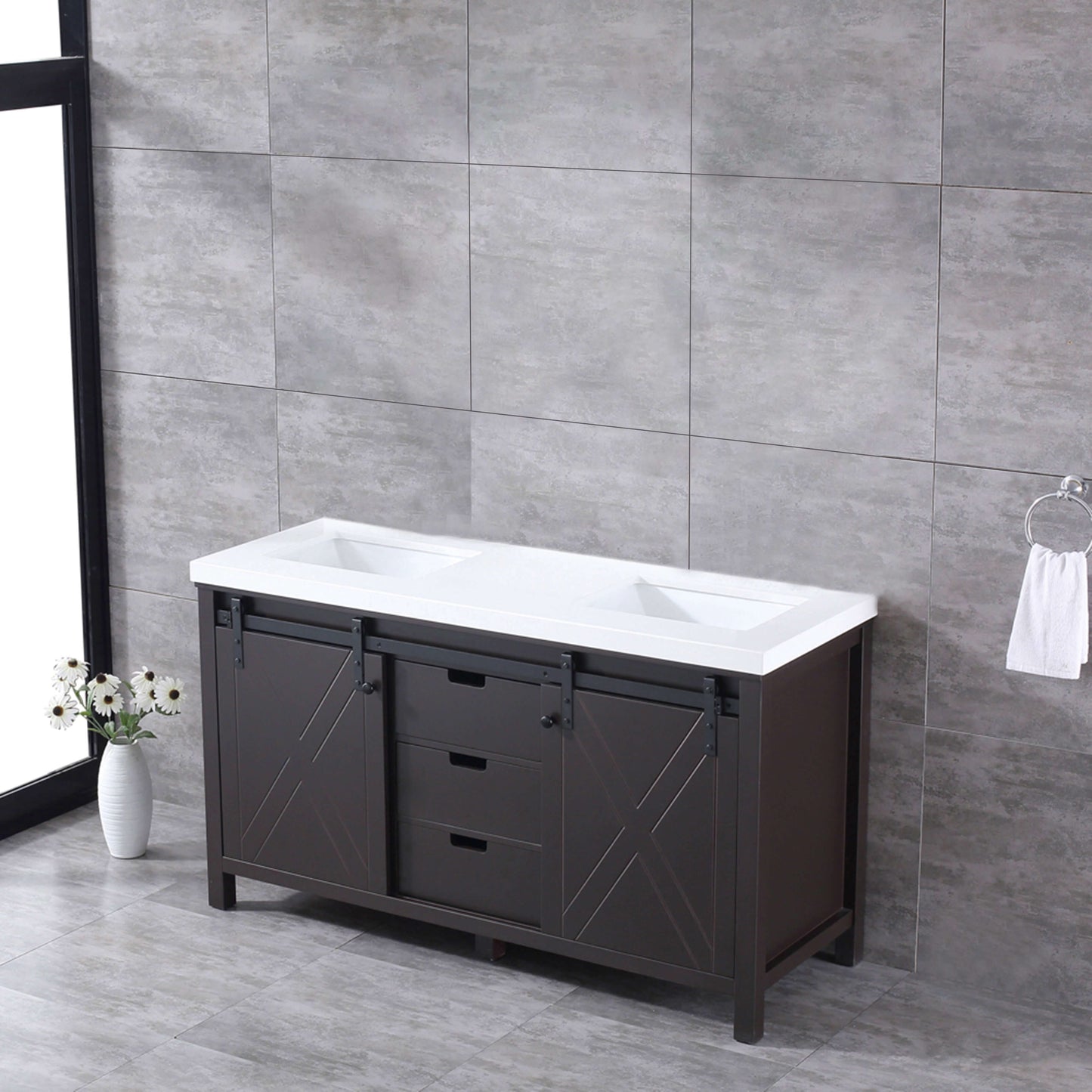 Marsyas 60" Brown Double Vanity, White Quartz Top, White Square Sinks and no Mirror - LM342260DCCS000