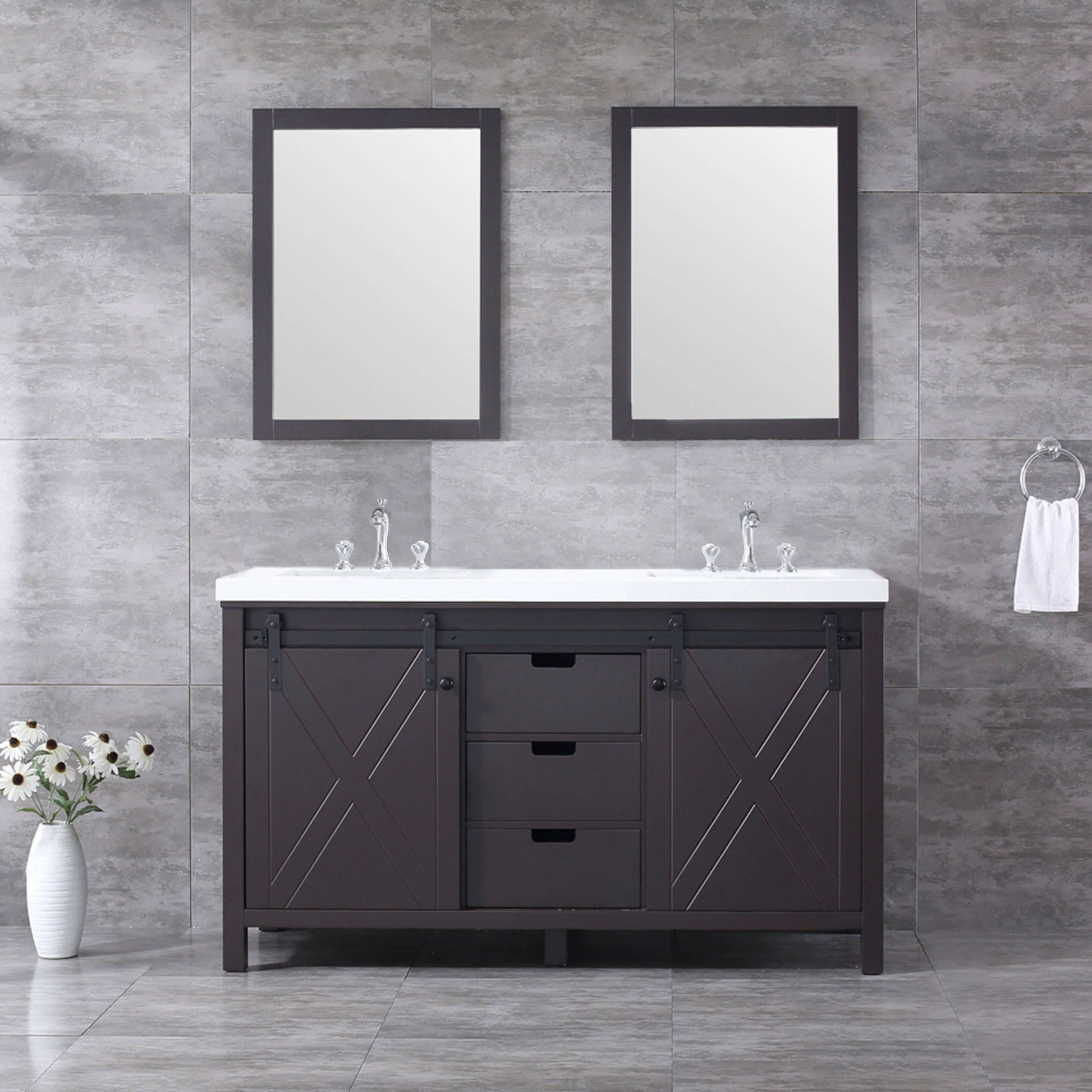 Marsyas 60" Brown Double Vanity, White Quartz Top, White Square Sinks and 24" Mirrors - LM342260DCCSM24