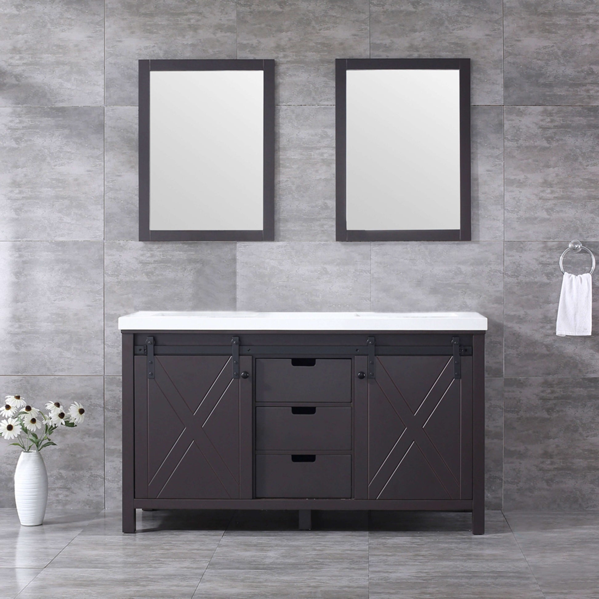 Marsyas 60" Brown Double Vanity, White Quartz Top, White Square Sinks and 24" Mirrors - LM342260DCCSM24