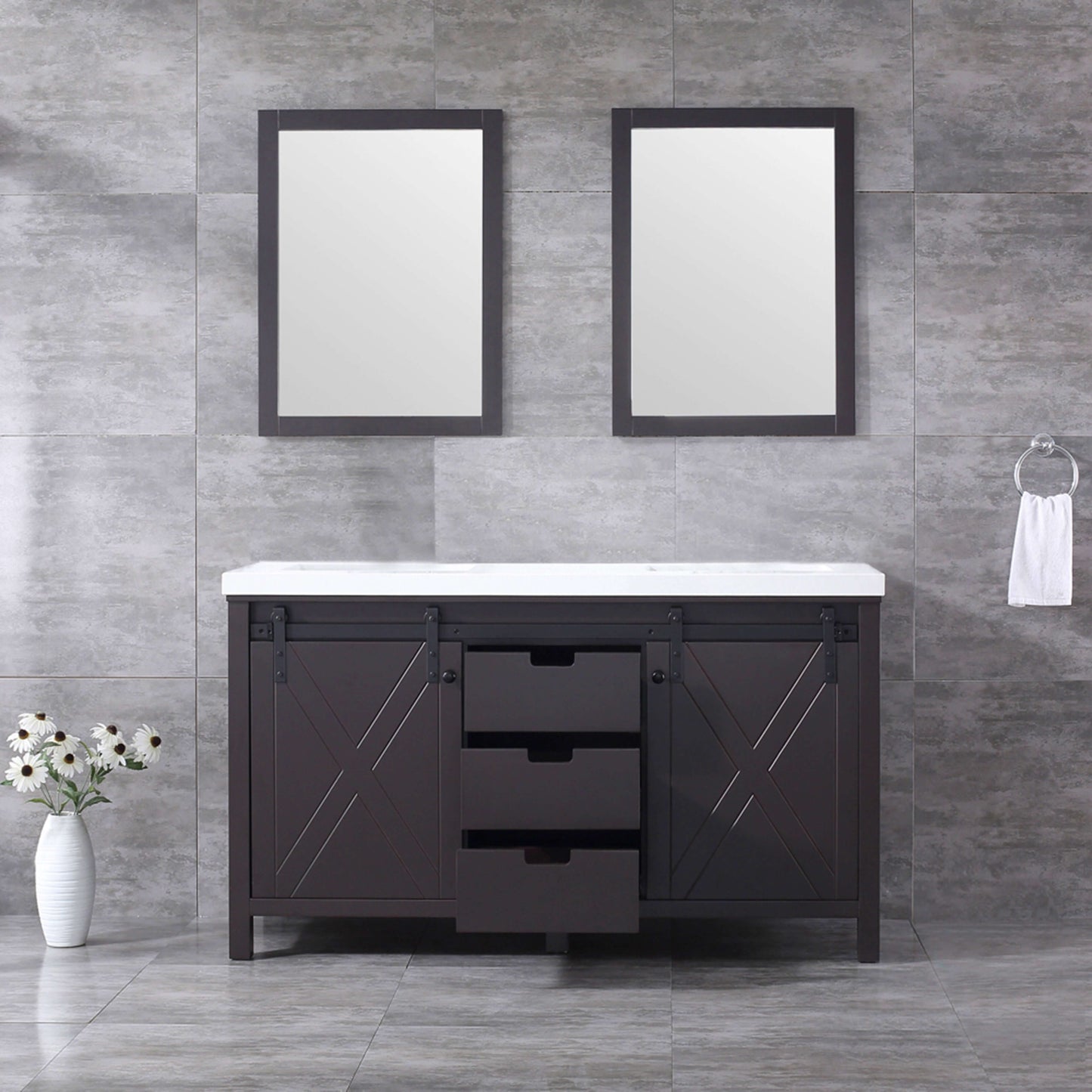 Marsyas 60" Brown Double Vanity, White Quartz Top, White Square Sinks and 24" Mirrors - LM342260DCCSM24