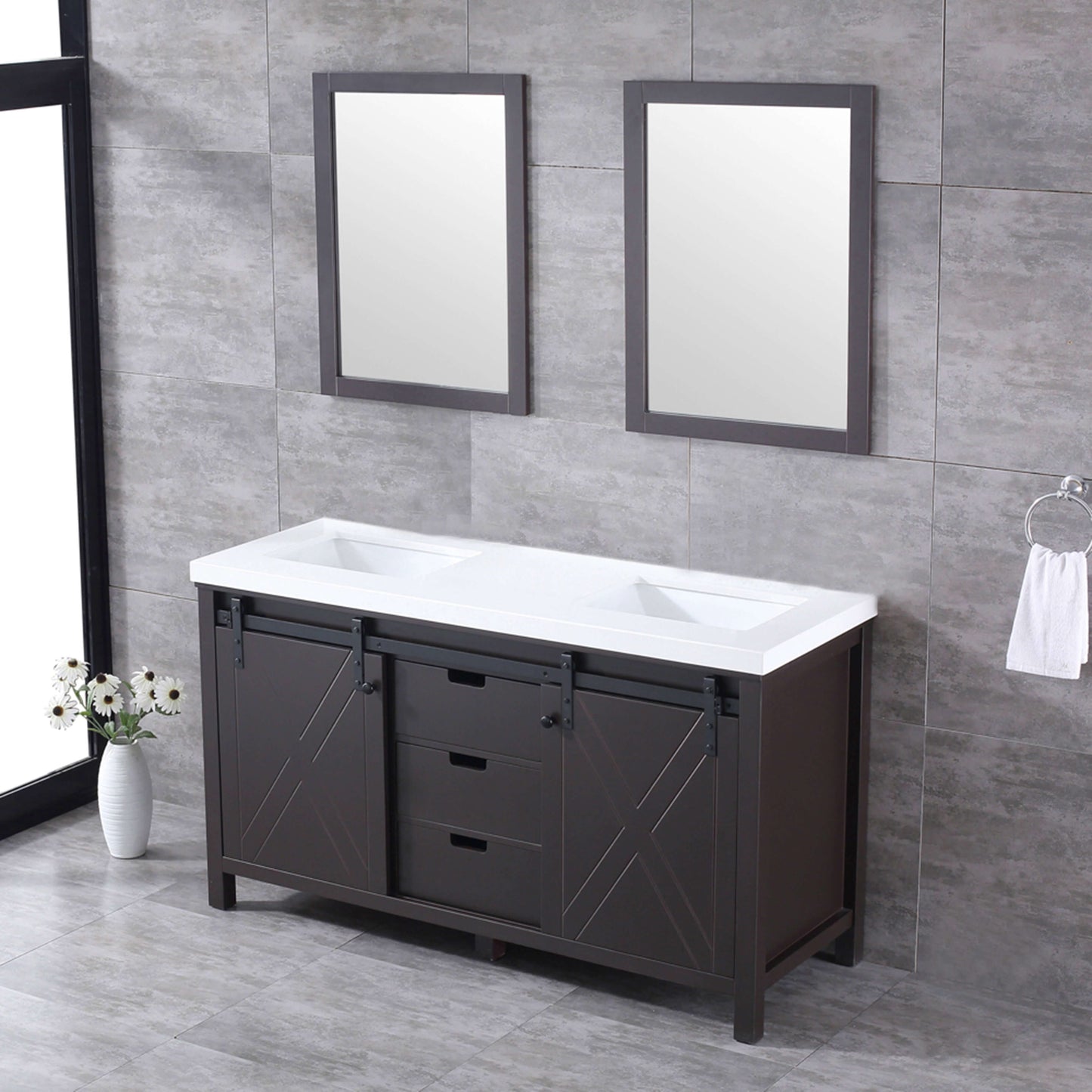 Marsyas 60" Brown Double Vanity, White Quartz Top, White Square Sinks and 24" Mirrors - LM342260DCCSM24