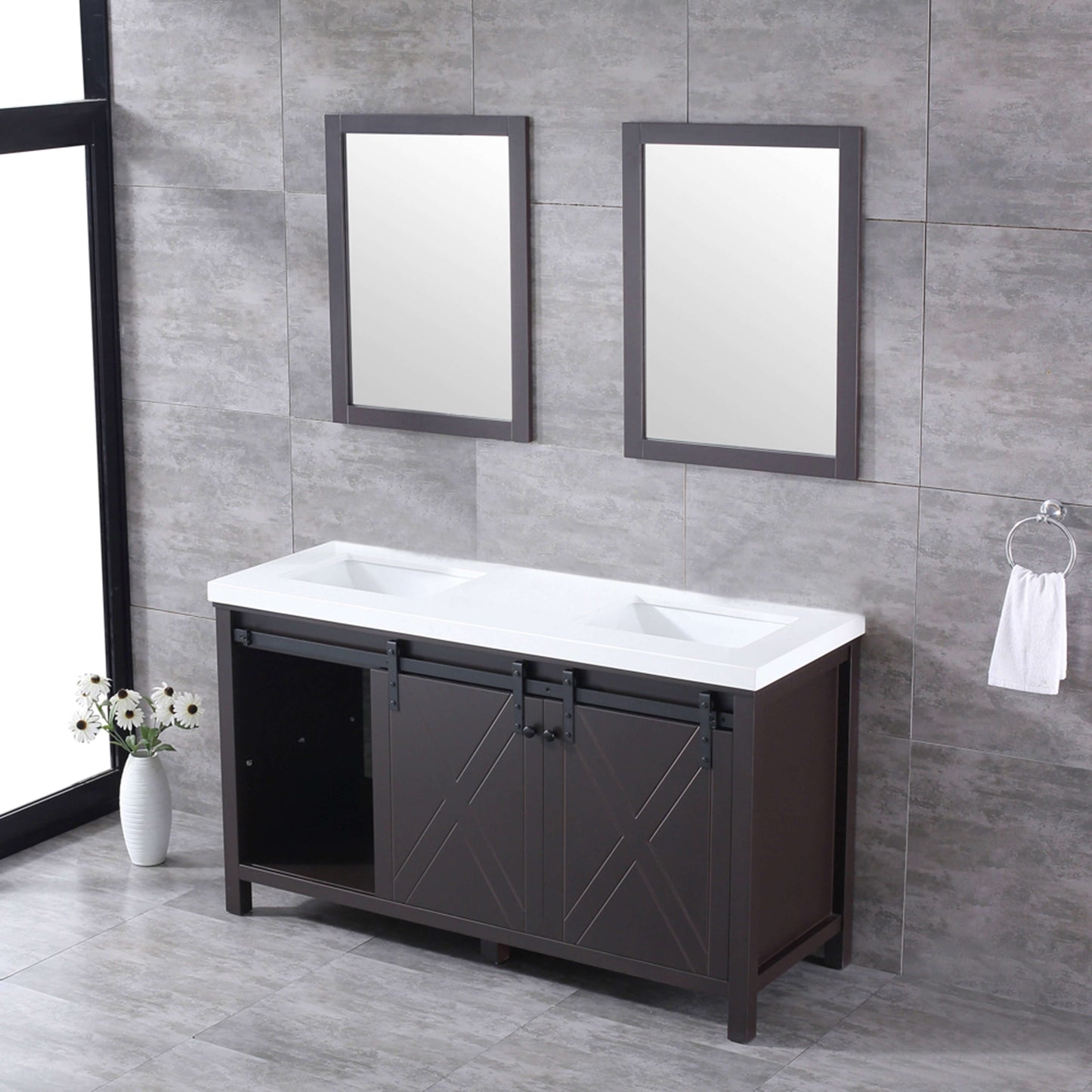 Marsyas 60" Brown Double Vanity, White Quartz Top, White Square Sinks and 24" Mirrors - LM342260DCCSM24