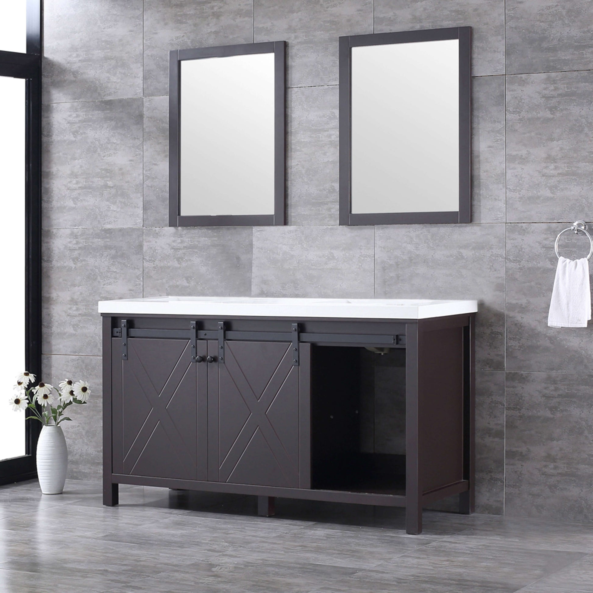 Marsyas 60" Brown Double Vanity, White Quartz Top, White Square Sinks and 24" Mirrors - LM342260DCCSM24