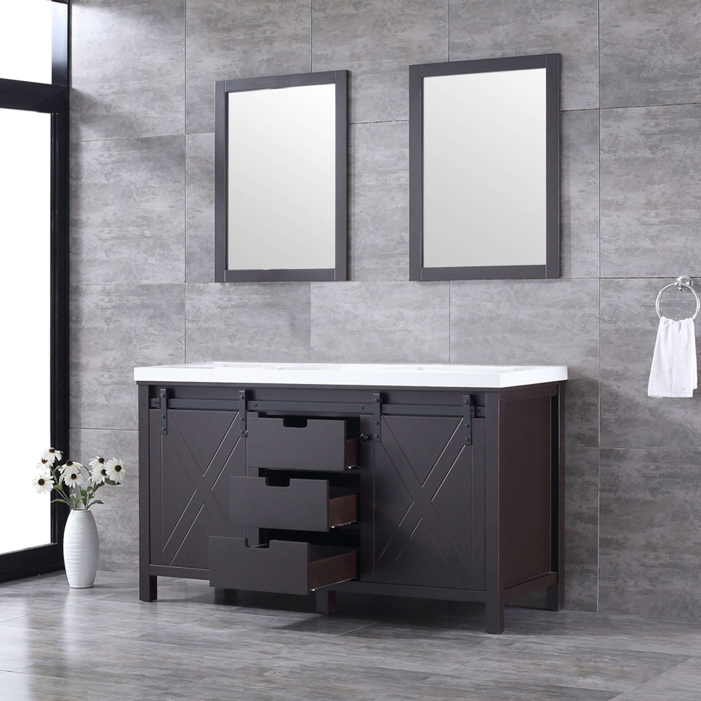 Marsyas 60" Brown Double Vanity, White Quartz Top, White Square Sinks and 24" Mirrors - LM342260DCCSM24