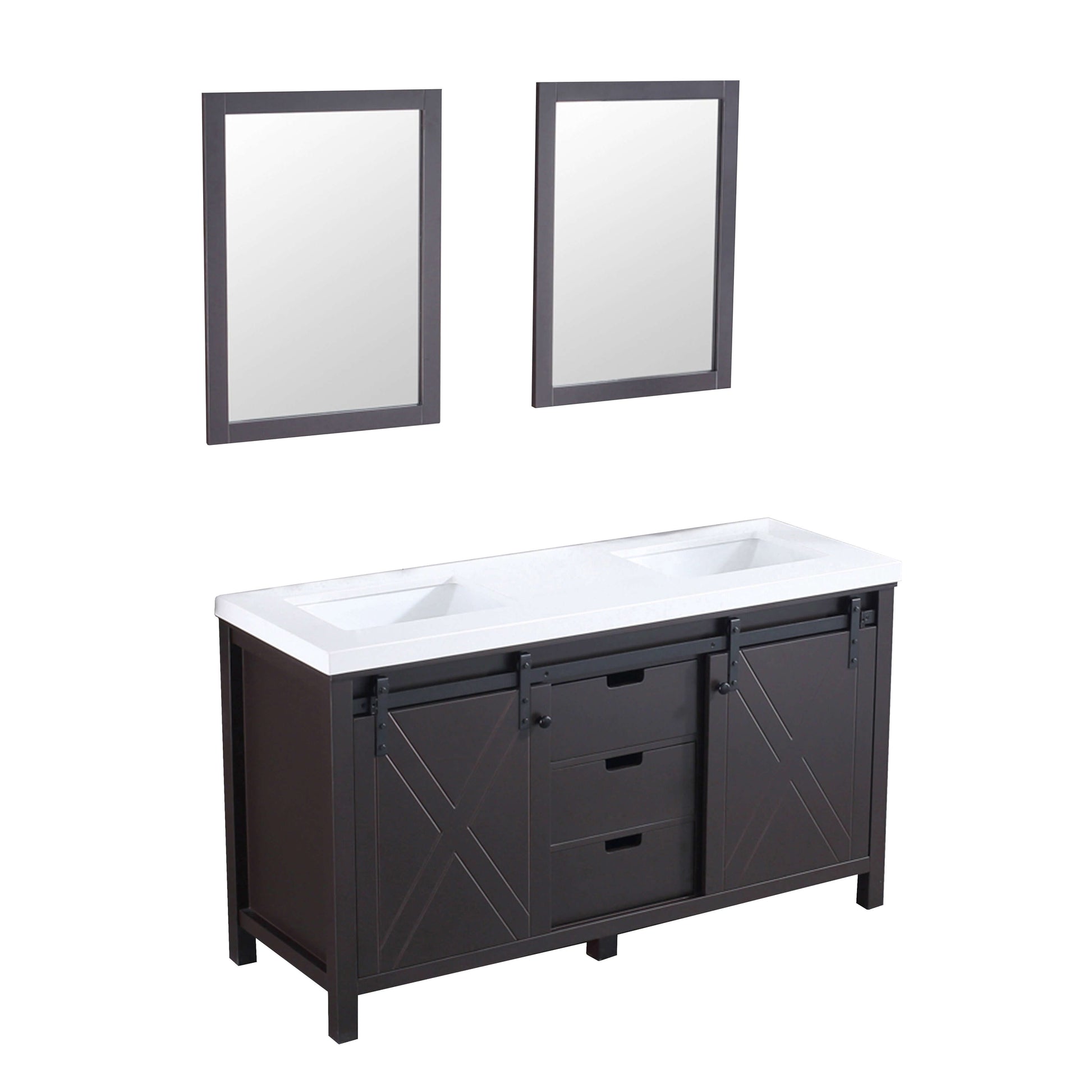 Marsyas 60" Brown Double Vanity, White Quartz Top, White Square Sinks and 24" Mirrors - LM342260DCCSM24