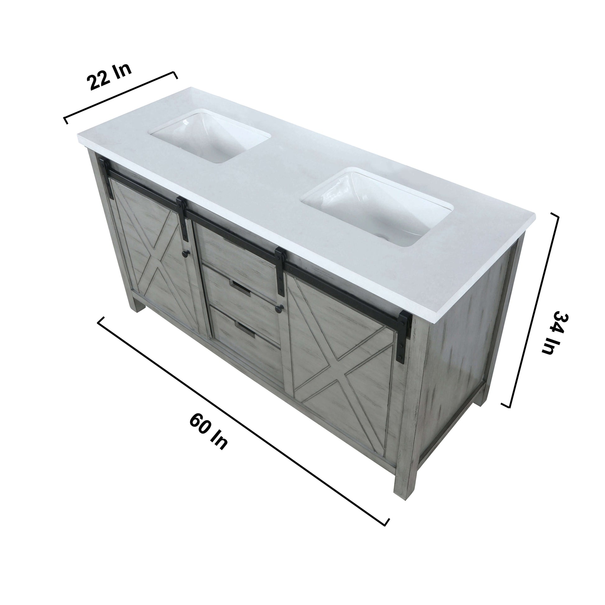 Marsyas 60" Ash Grey Double Vanity, White Quartz Top, White Square Sinks and no Mirror - LM342260DHCS000