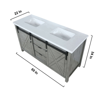 Marsyas 60" Ash Grey Double Vanity, White Quartz Top, White Square Sinks and no Mirror - LM342260DHCS000