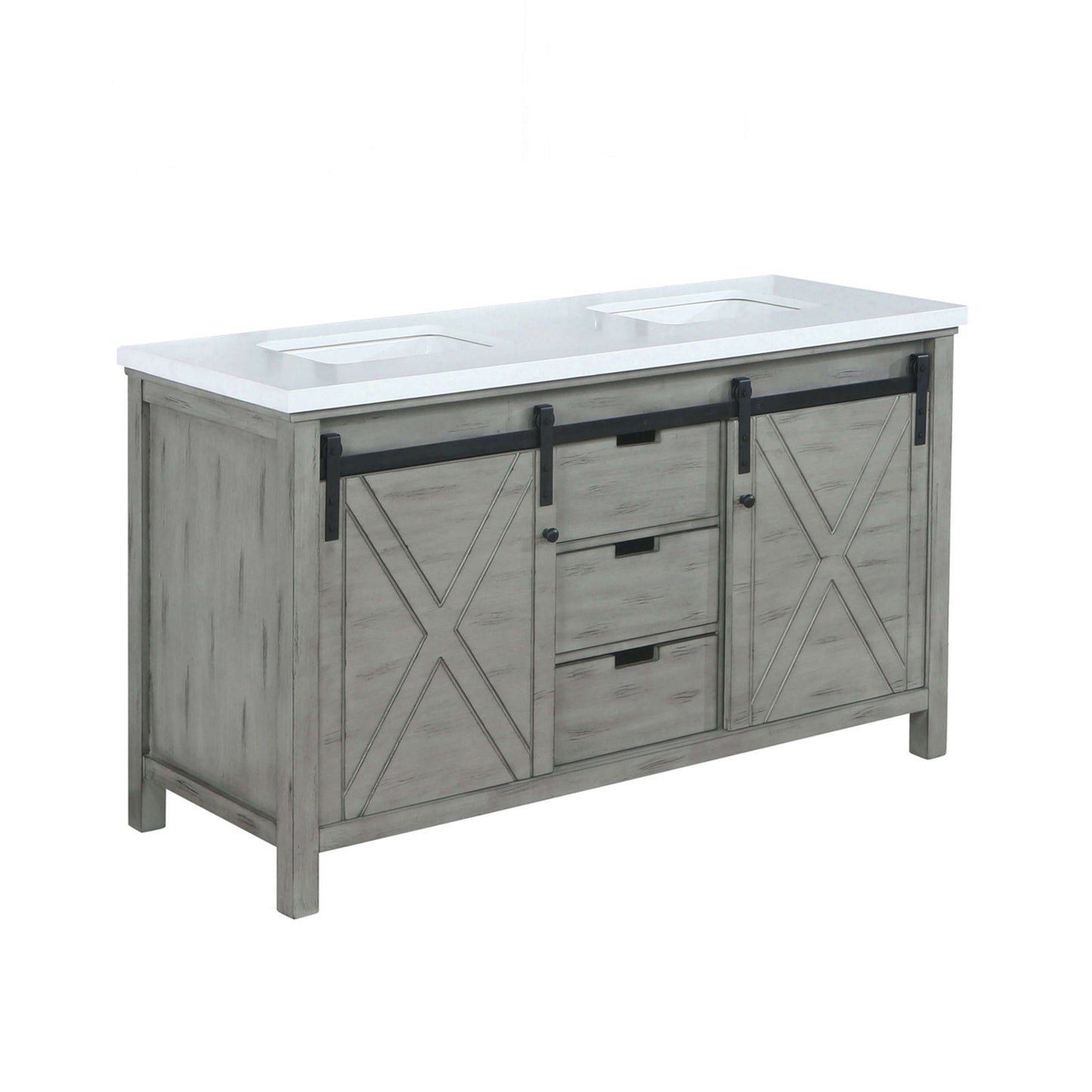 Marsyas 60" Ash Grey Double Vanity, White Quartz Top, White Square Sinks and no Mirror - LM342260DHCS000