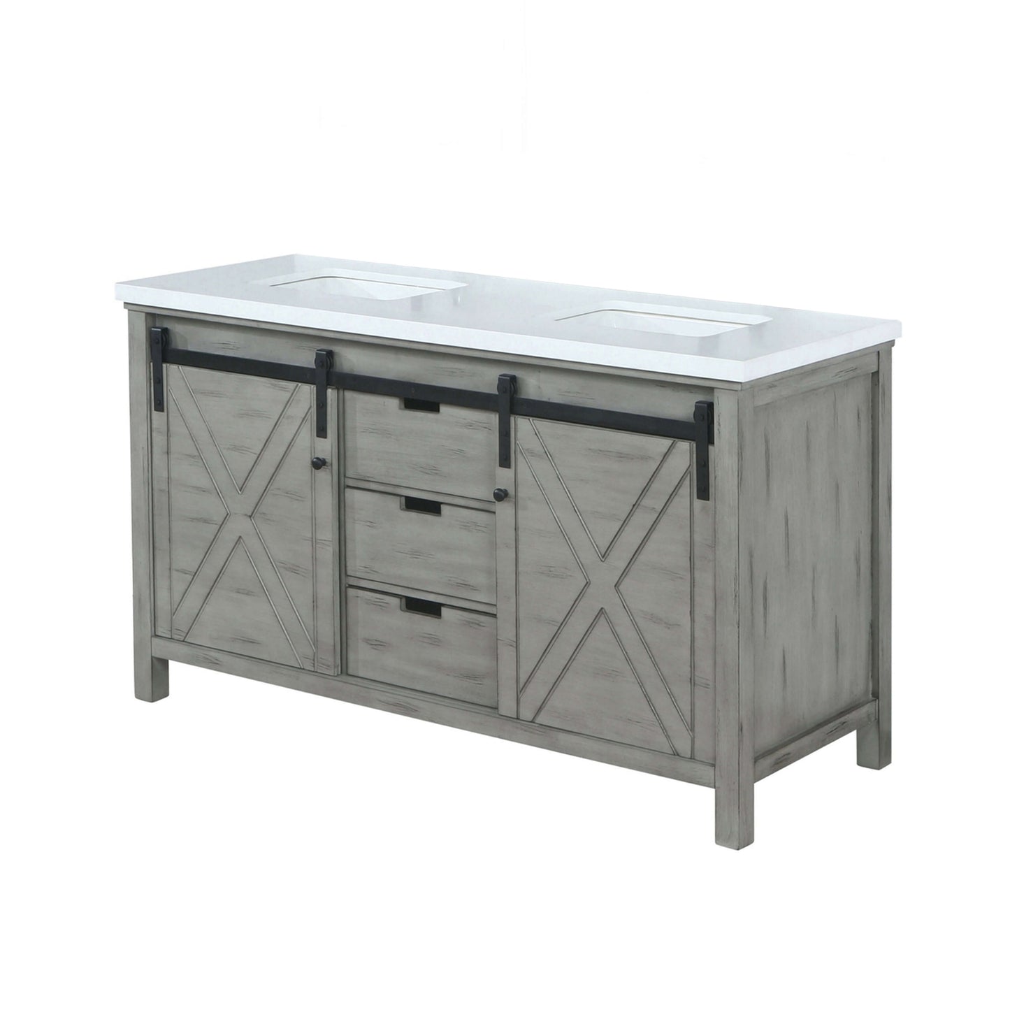 Marsyas 60" Ash Grey Double Vanity, White Quartz Top, White Square Sinks and no Mirror - LM342260DHCS000