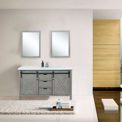 Marsyas 60" Ash Grey Double Vanity, White Quartz Top, White Square Sinks and 24" Mirrors - LM342260DHCSM24