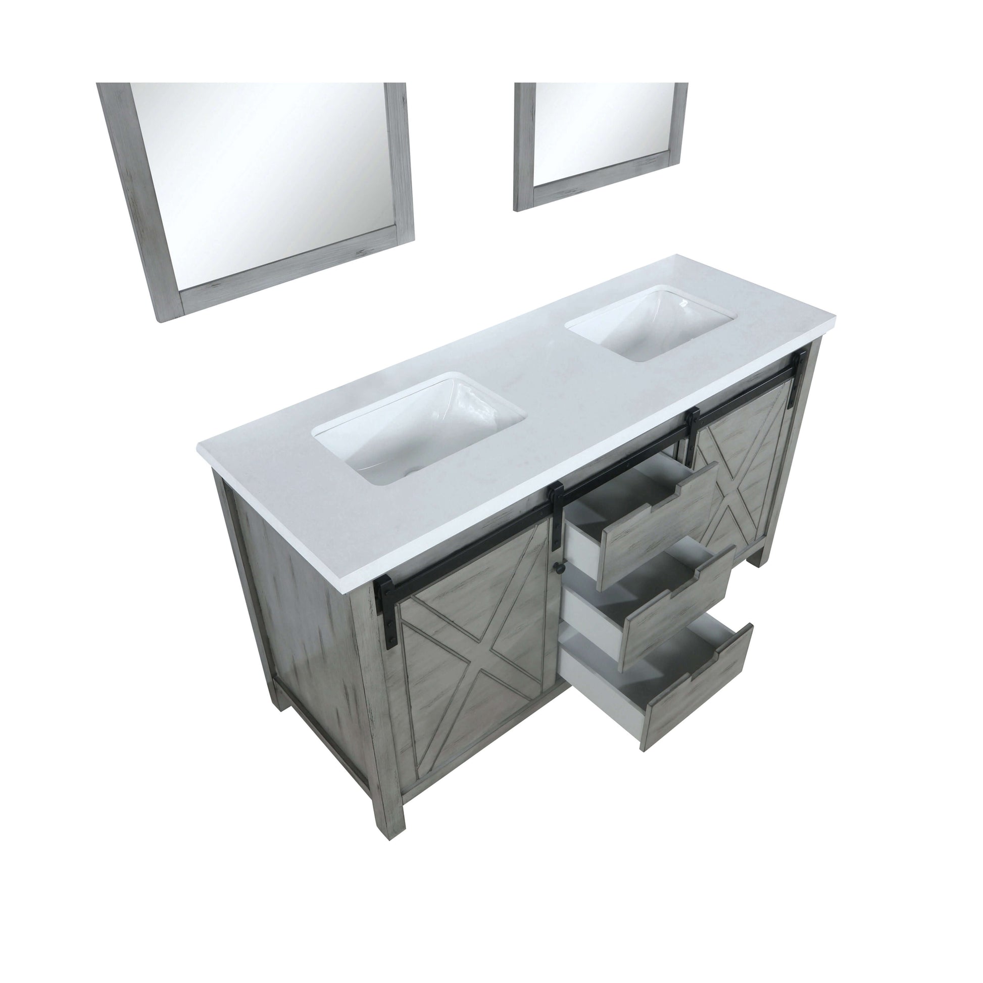 Marsyas 60" Ash Grey Double Vanity, White Quartz Top, White Square Sinks and 24" Mirrors - LM342260DHCSM24