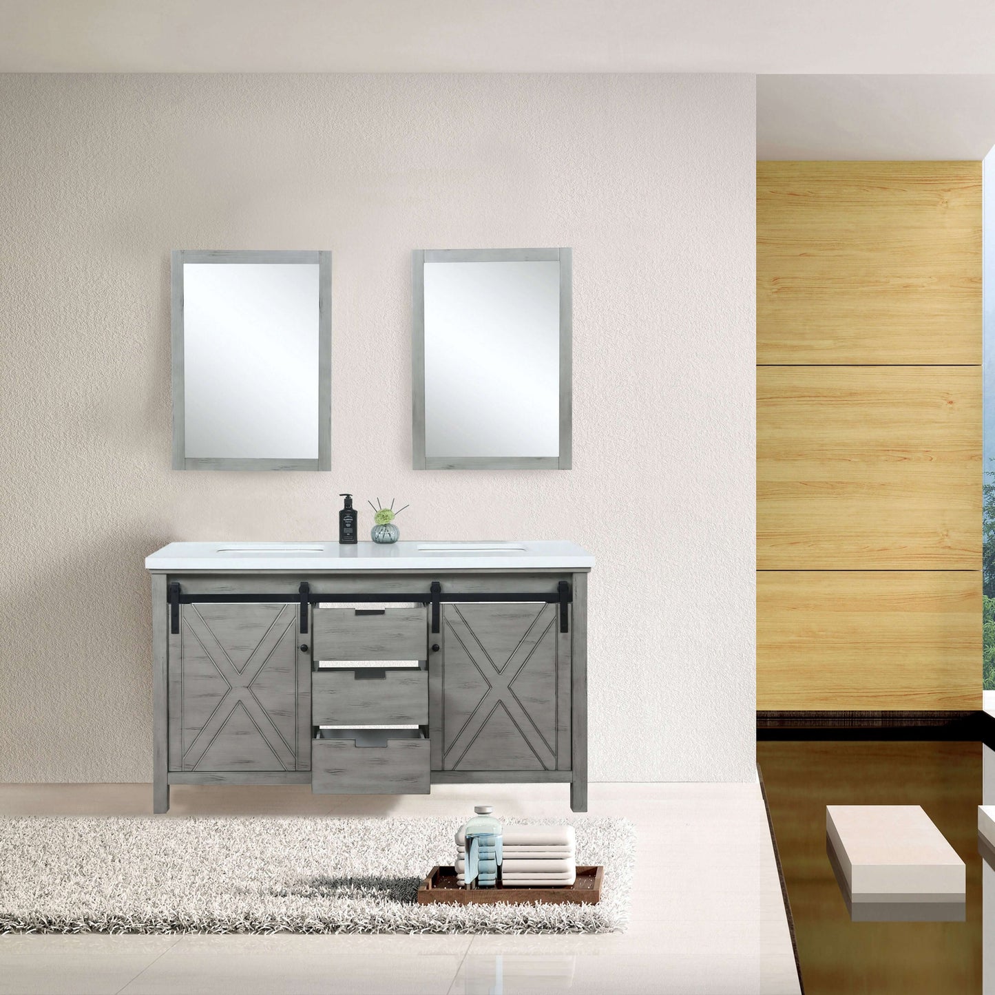 Marsyas 60" Ash Grey Double Vanity, White Quartz Top, White Square Sinks and 24" Mirrors - LM342260DHCSM24