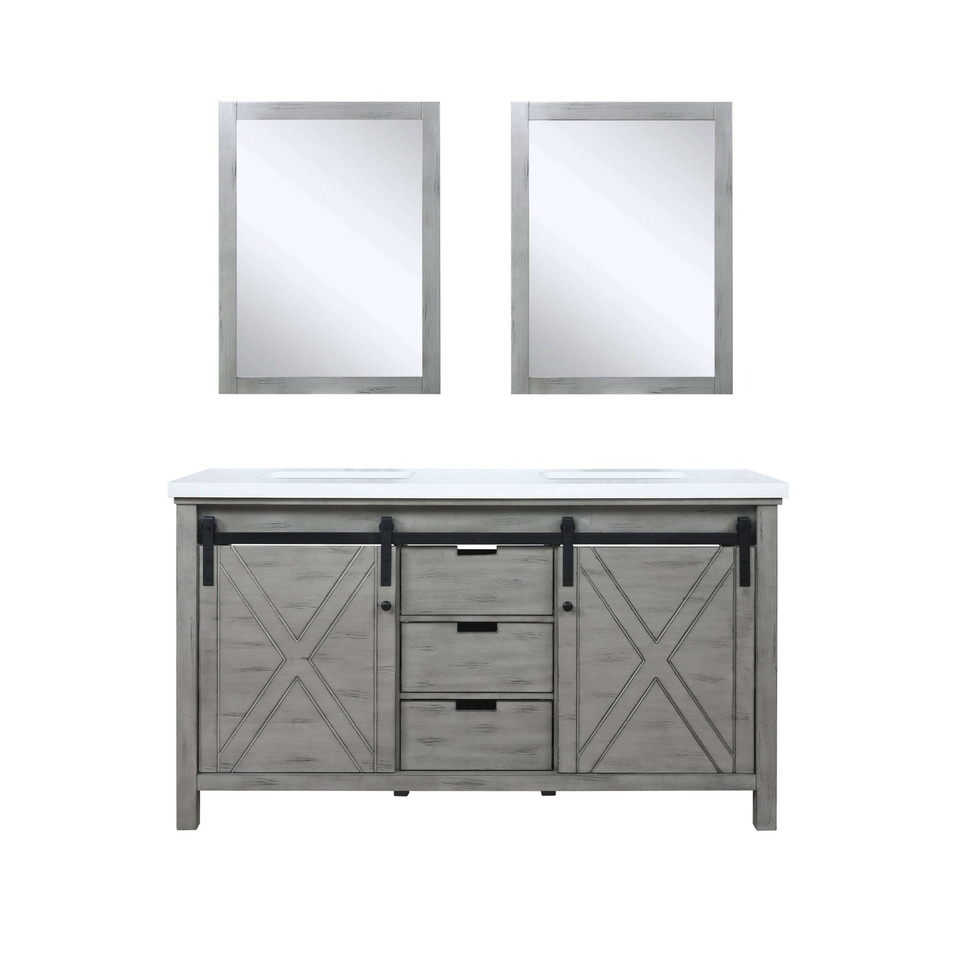 Marsyas 60" Ash Grey Double Vanity, White Quartz Top, White Square Sinks and 24" Mirrors - LM342260DHCSM24