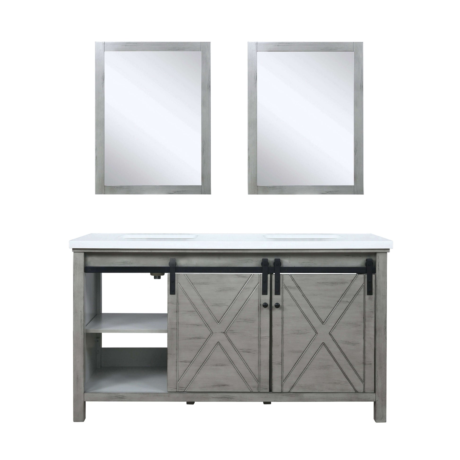 Marsyas 60" Ash Grey Double Vanity, White Quartz Top, White Square Sinks and 24" Mirrors - LM342260DHCSM24