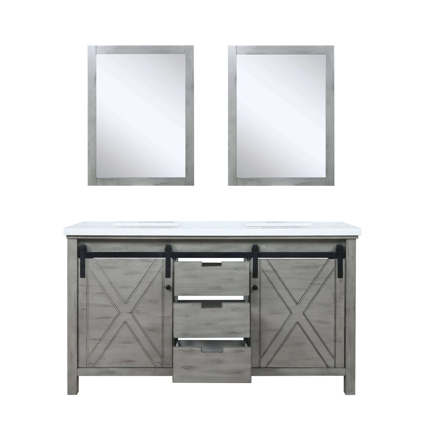 Marsyas 60" Ash Grey Double Vanity, White Quartz Top, White Square Sinks and 24" Mirrors - LM342260DHCSM24