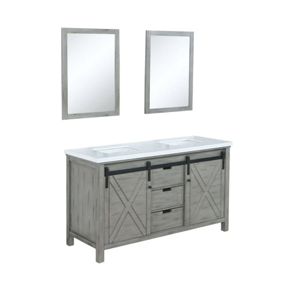 Marsyas 60" Ash Grey Double Vanity, White Quartz Top, White Square Sinks and 24" Mirrors - LM342260DHCSM24