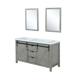 Marsyas 60" Ash Grey Double Vanity, White Quartz Top, White Square Sinks and 24" Mirrors - LM342260DHCSM24